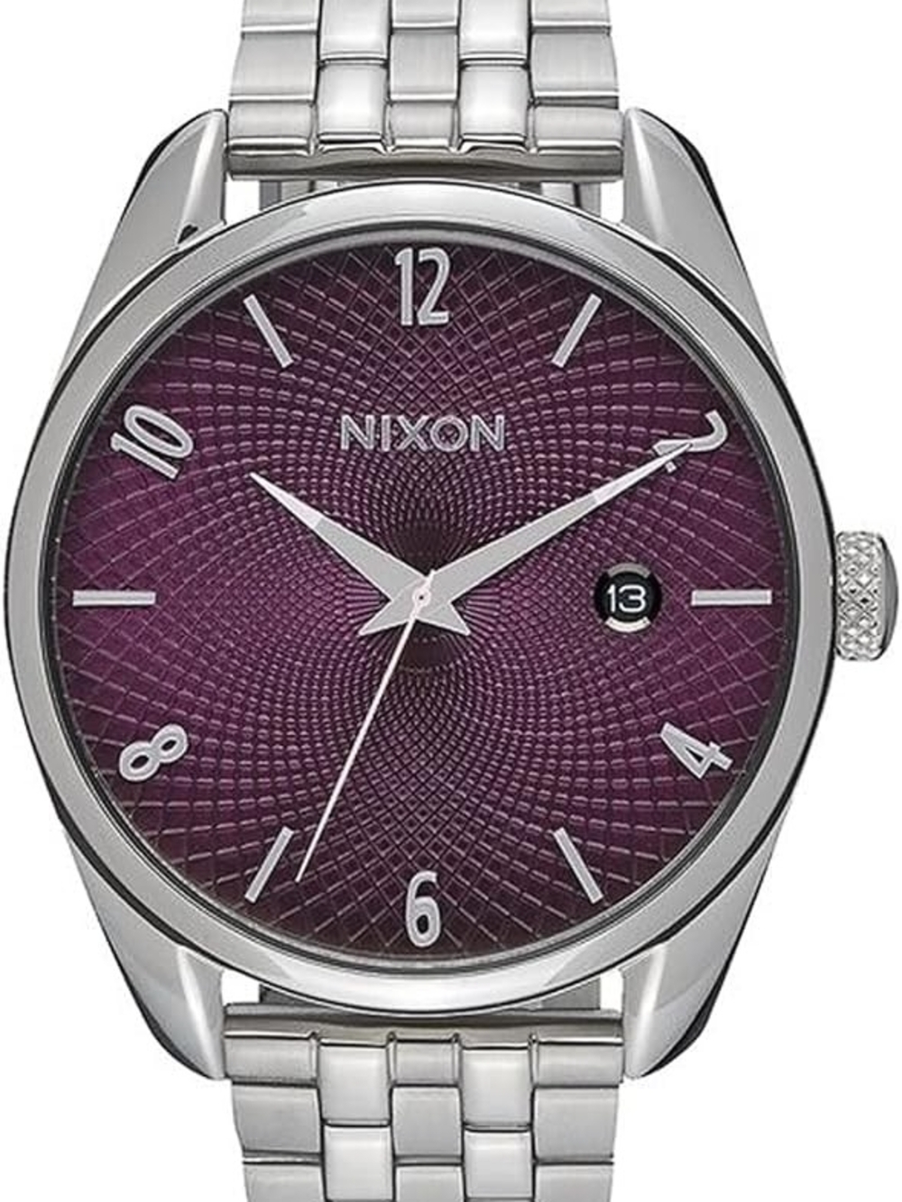 Nixon Silver Stainless Steel Watch with Purple Sunburst Dial
